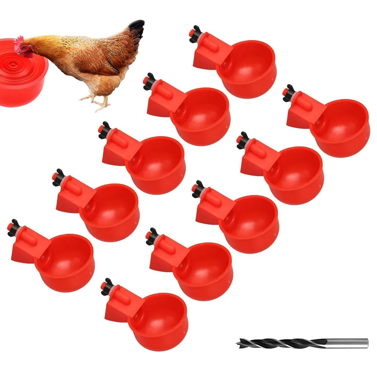 10 Pezzi Bevitori Automatici Pollo Ciotole in Plastica Automatico Pollo Bevitore Tazze Abbeveratoio per Galline con Trapano Abbeveratoio Galline DIY Kit per Uccelli, Piccioni, Polli, Anatre