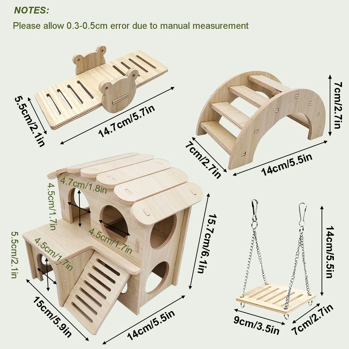 4 Pezzi Giochi per Criceti, Accessori Giochi Criceto in Legno, Casetta Criceto Due Piani Altalena e Ponte per Criceti, Porcellini d'India, Criceti Russi