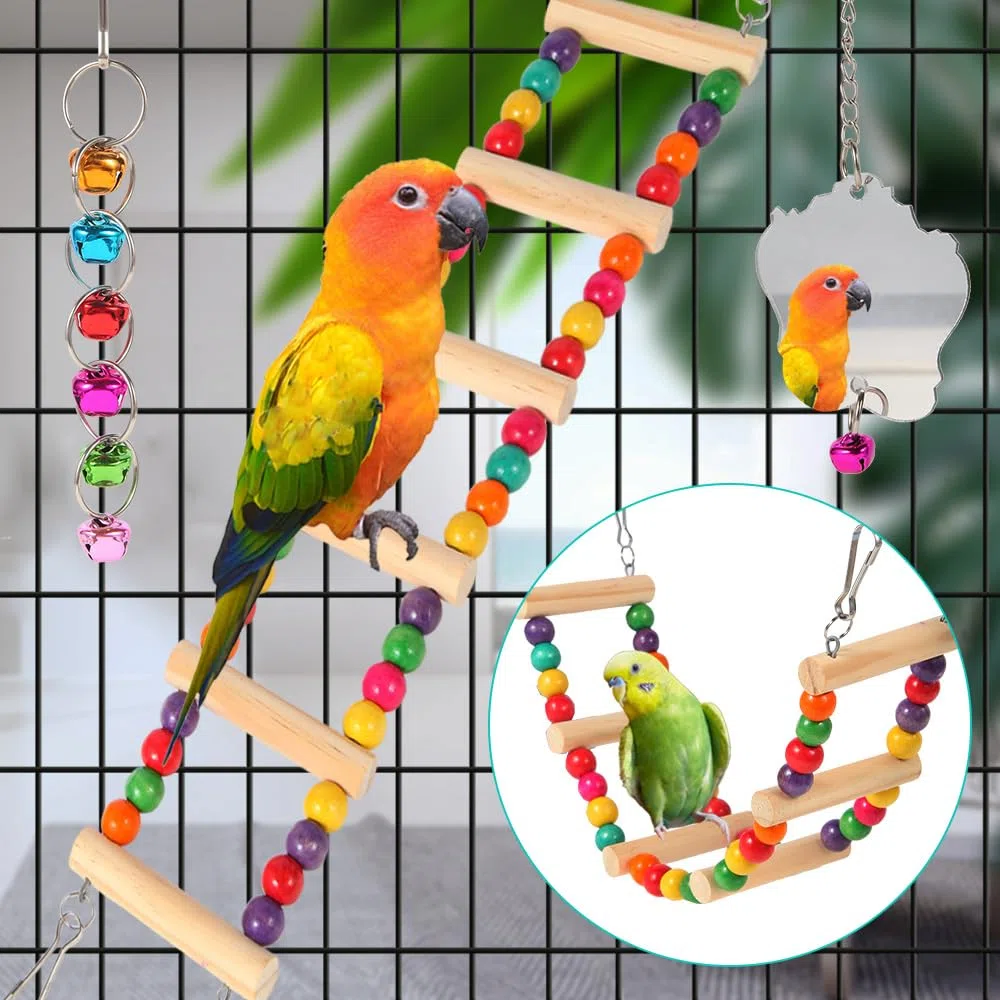 YIXUND Giocattoli per uccelli per parrocchetti, 9 pezzi, scaletta in legno per uccelli, ponte, pappagalli, giocattoli per pappagalli, accessori per gabbie per uccelli, altalena per conuro, cacatugia