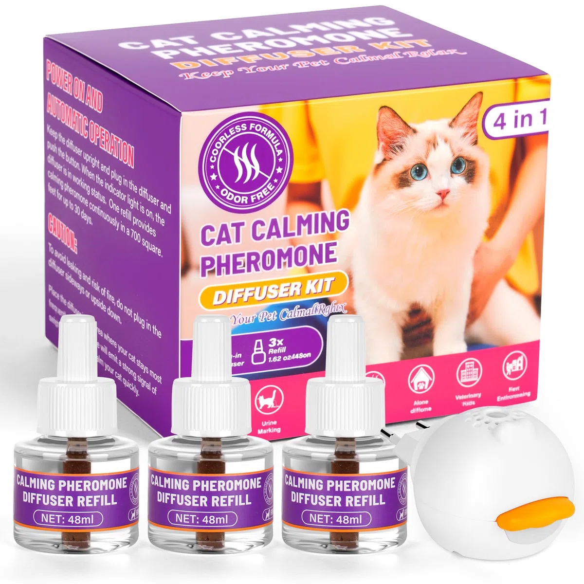 OSDUE Diffusore Feromoni per Gatti 4 in 1,3*30 Giorni Diffusore di Feromoni Calmanti per Gatti,con 1 Diffusores +3 Ricariche 48ml,Aiuta a risolvere i segni comuni di stress nei gattis,per Casa,Viaggi