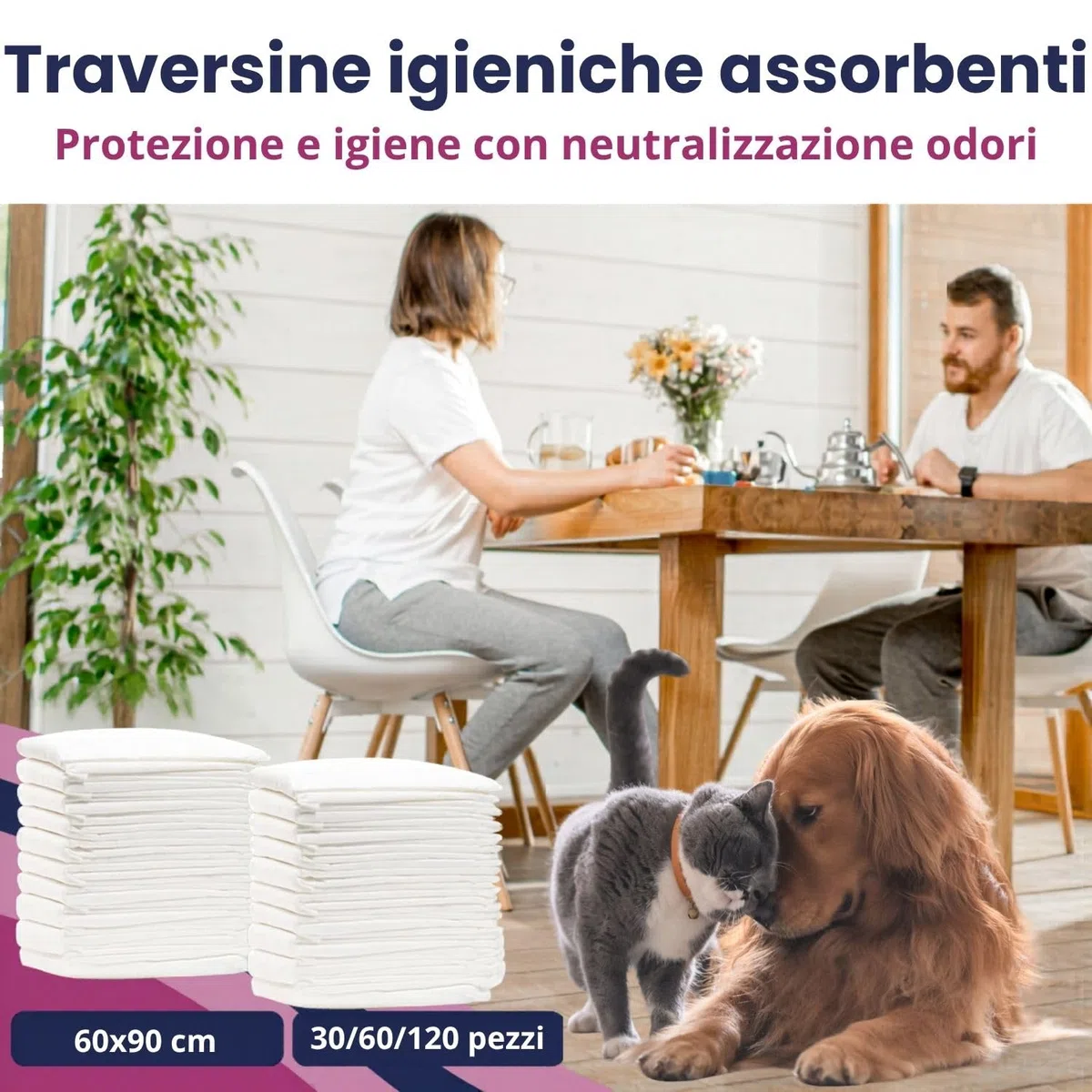 Mama Shop Traversine per Cani 60x90 cm, Super Assorbenti e Antiodore, Tappetini Igienici per Cani Grandi e Cuccioli, Confezione da 30 Pezzi, Uso Domestico e Addestramento