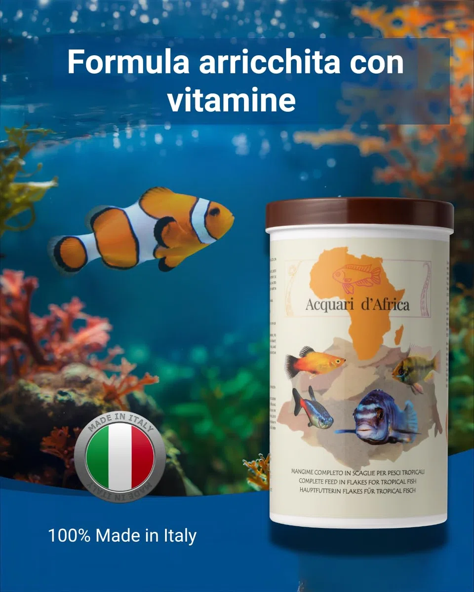 Acquari d'Africa Mangime Pesci Tropicali in Scaglie 1200ml | Formula Pura con Spirulina, Aloe Vera e Vitamine A-C-E | Per Colori Intensi e Crescita Sana | 100% Made in Italy (1000ml + 200ml Bouns)