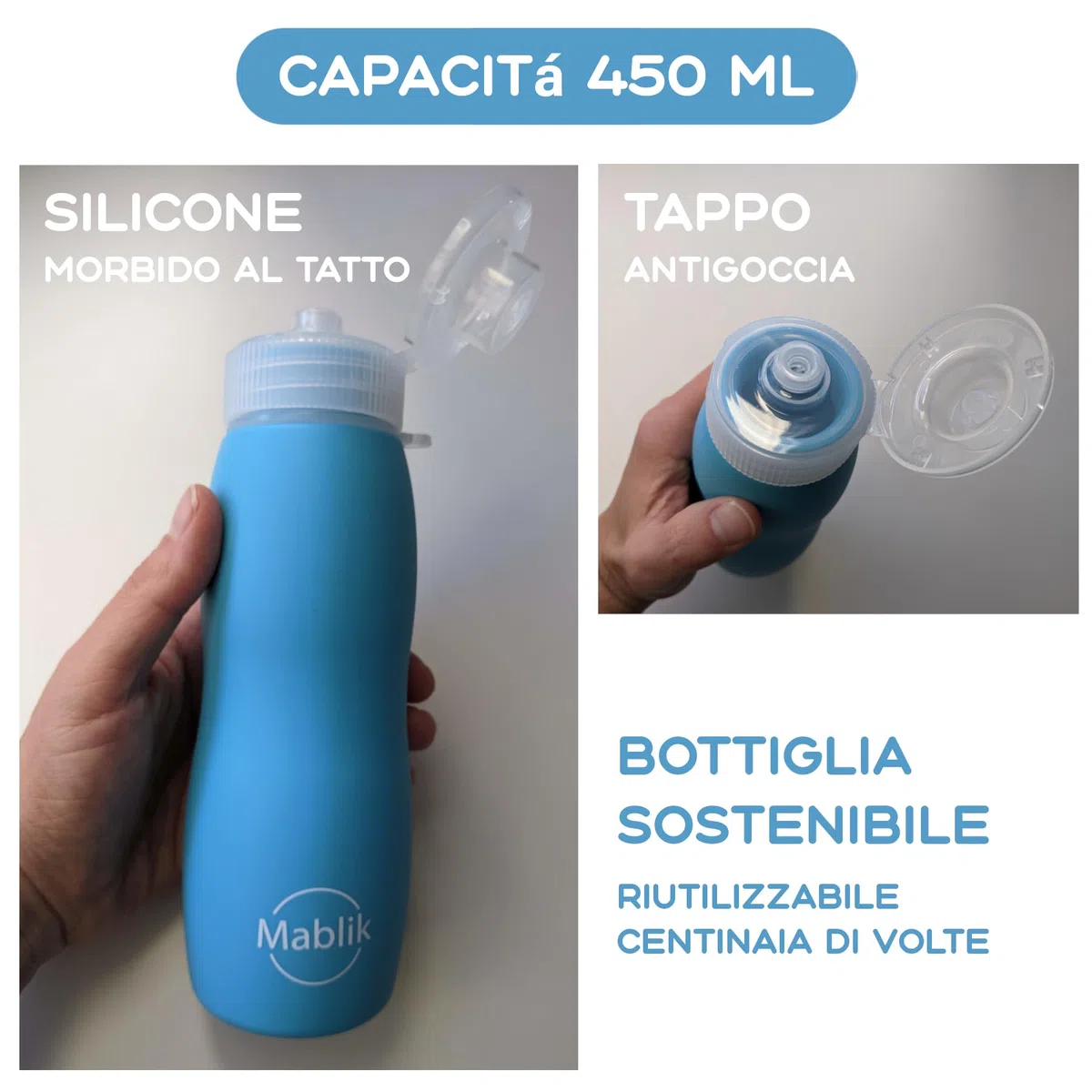 Bottiglia per Pipì Cane in Silicone 450 ml, Azzurro. Bottiglia per Pulire la Pipì del Cane in Strada, Pieghevole, Portatile, Antigoccia, con Getto a Pressione, Moschettone ed Elastico (Azzurro 450 ml)
