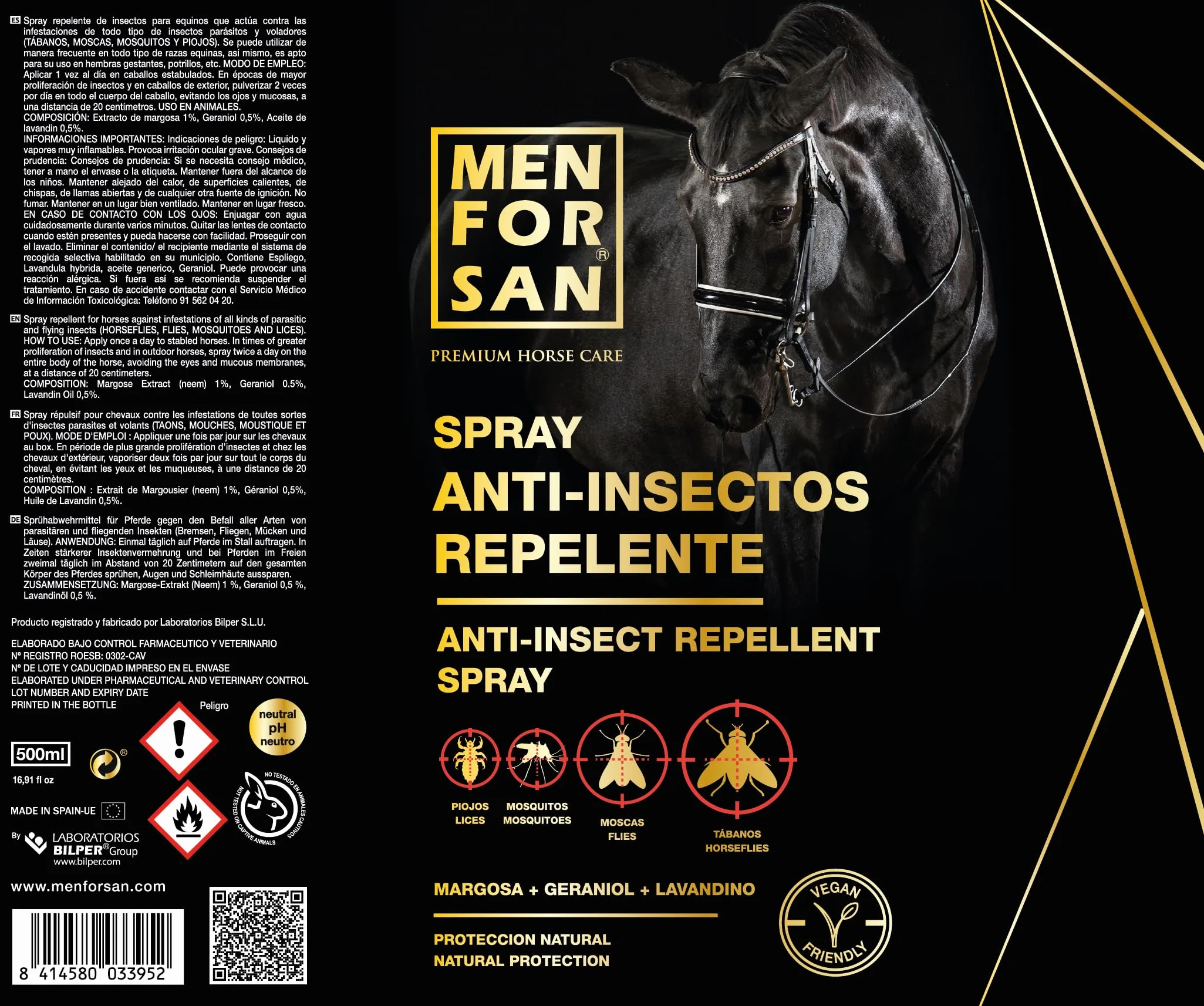 MENFORSAN Spray repellente per insetti, 500ml | Con margosa, geraniolo e lavandina | BIO, 100% naturale | CURA DEL CAVALLO PREMIUM