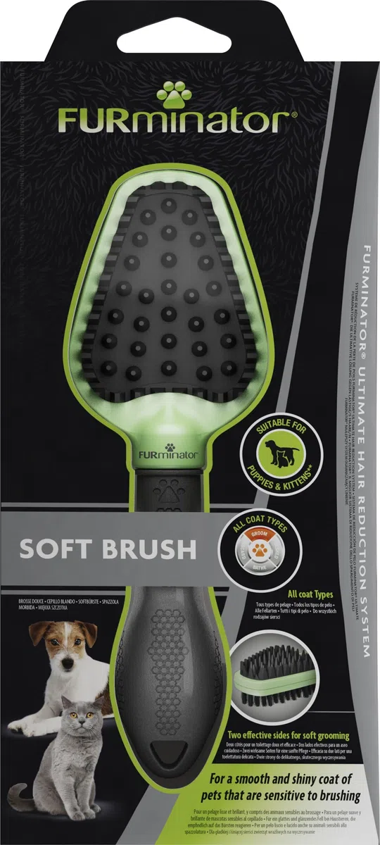FURminator 2in1 Spazzola Morbida per Cani e Gatti - Ideale per Animali sensibili - Pulisce Delicatamente Il Pelo e massaggia la Pelle - Doppia Spazzola per Una toelettatura Delicata