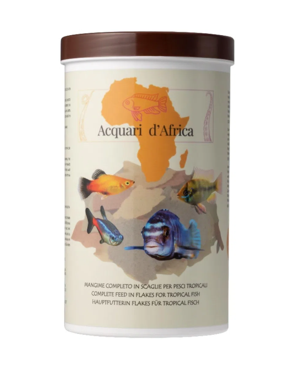 Acquari d'Africa Mangime Pesci Tropicali in Scaglie 1200ml | Formula Pura con Spirulina, Aloe Vera e Vitamine A-C-E | Per Colori Intensi e Crescita Sana | 100% Made in Italy (1000ml + 200ml Bouns)