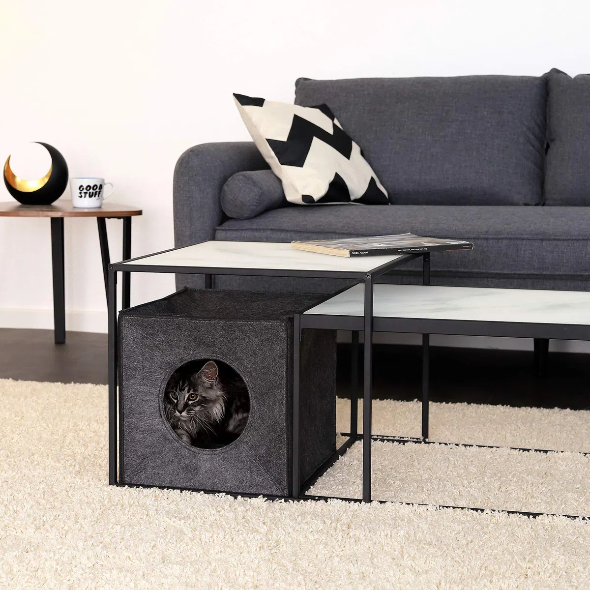 lionto Tana per gatti in feltro stabile adatta a scaffali e sistemi modulari, 33x37x33 cm, cuccia pieghevole a cubo autoportante, facile da pulire, senza cuscino accogliente, grigio scuro