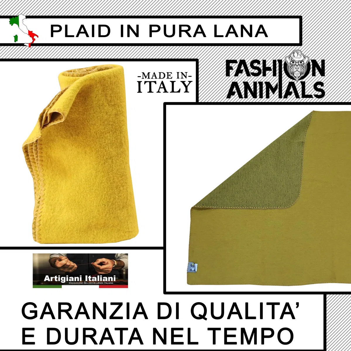 Coperta per Cani Plaid in Lana, Pelliccia, Cashmere 150x100 (Senape-Lana) | Elegante e Calda, Ideale plaid cane e gatti, Alta Qualità Made in Italy (S.L.)