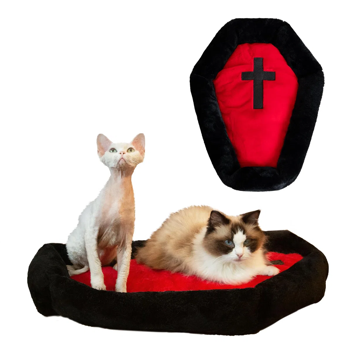Fantasreen Gothic Cat Beds Fits up to 25 lbs, Washble Coffin Cat Bed, Goth Pet Bed, Halloween House 24 * 16.9 Inch, Red & Black Small