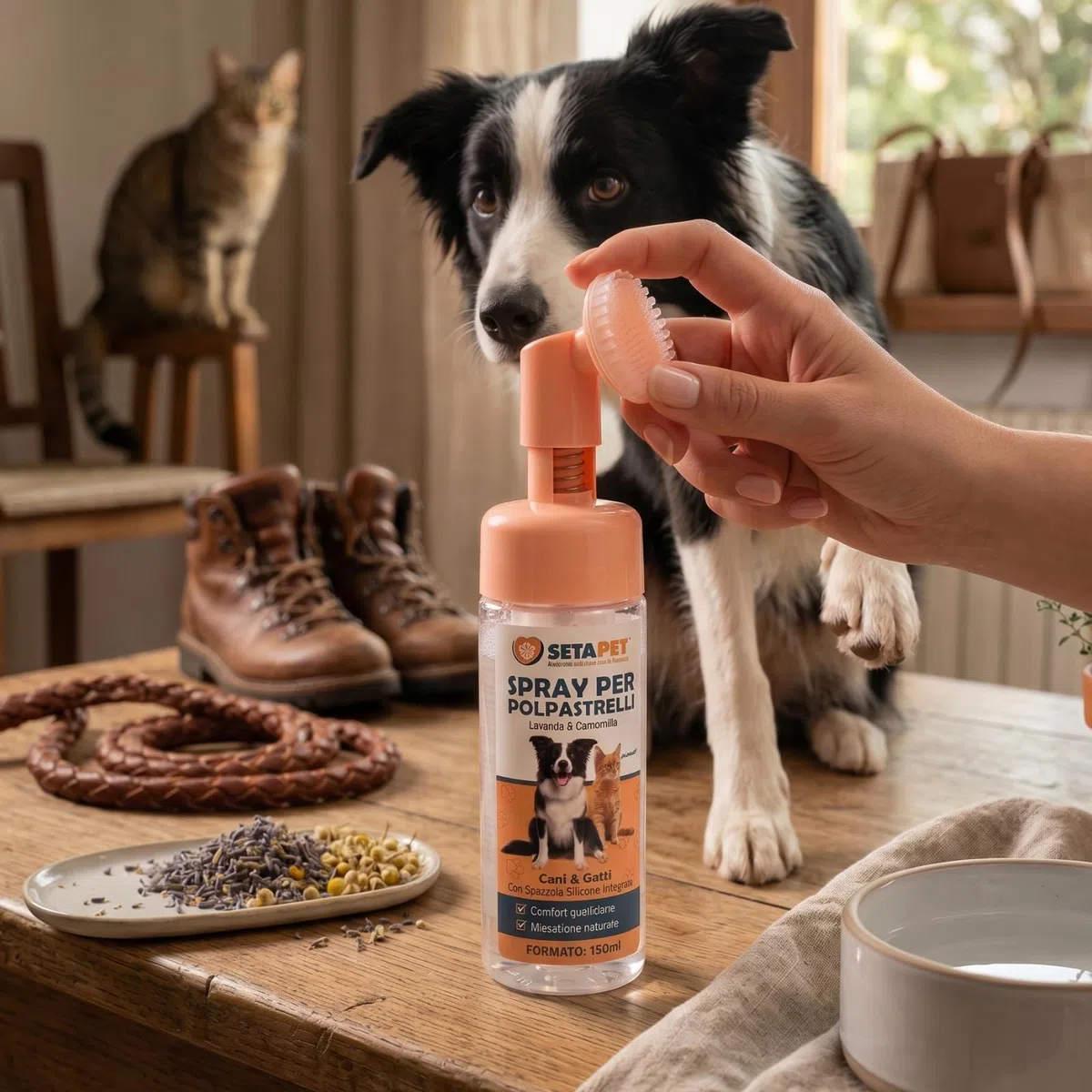 Spray per Polpastrelli Cani e Gatti con Spazzola in Silicone Integrata, Schiuma Detergente e Idratante Senza Risciacquo con Lavanda e Camomilla, Cura delle Zampe 150ml