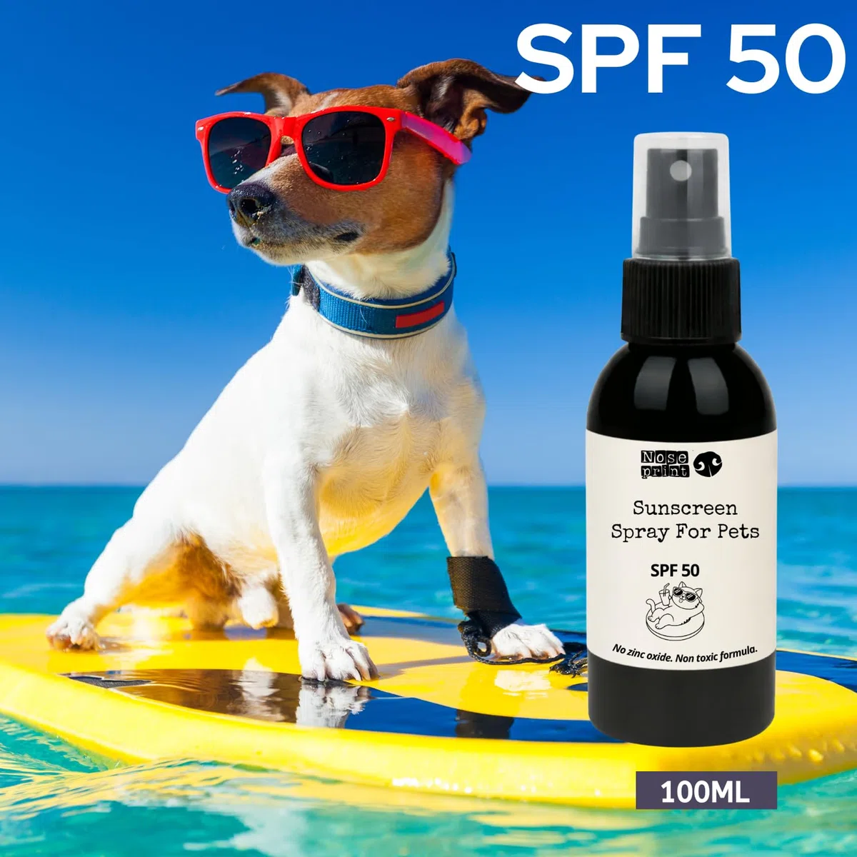 Spray Solare per Cani e Gatti SPF 50, 100ml, Resistente all'Acqua, Protezione UVA/UVB, Ipoallergenico, Sicuro se Leccato