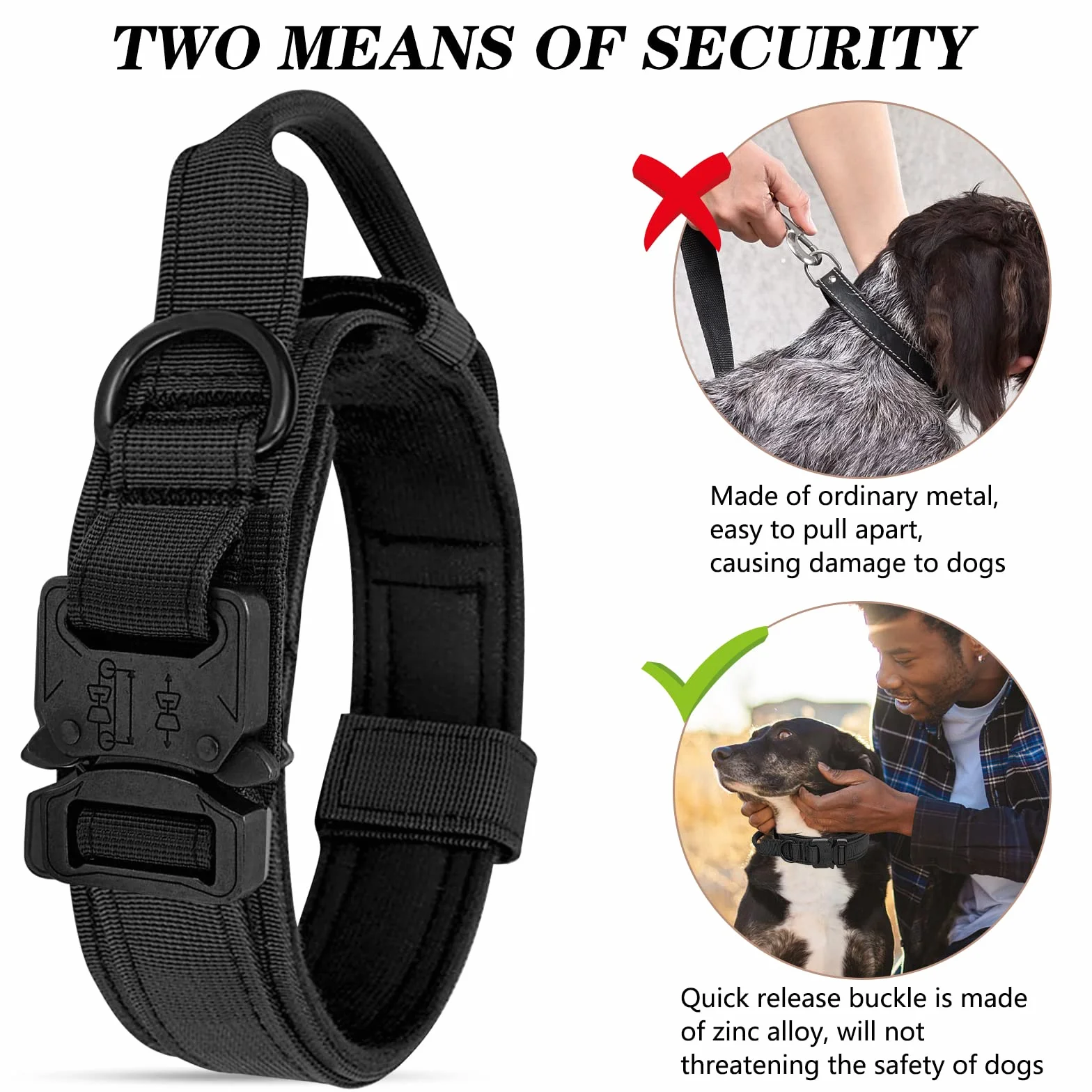 Collare Tattico per Cani Regolabile Con Maniglia di Comando, Militare in Nylon Con Fibbia in Metallo per Cani di Taglia Media e Grande Addestramento (L, Nero)