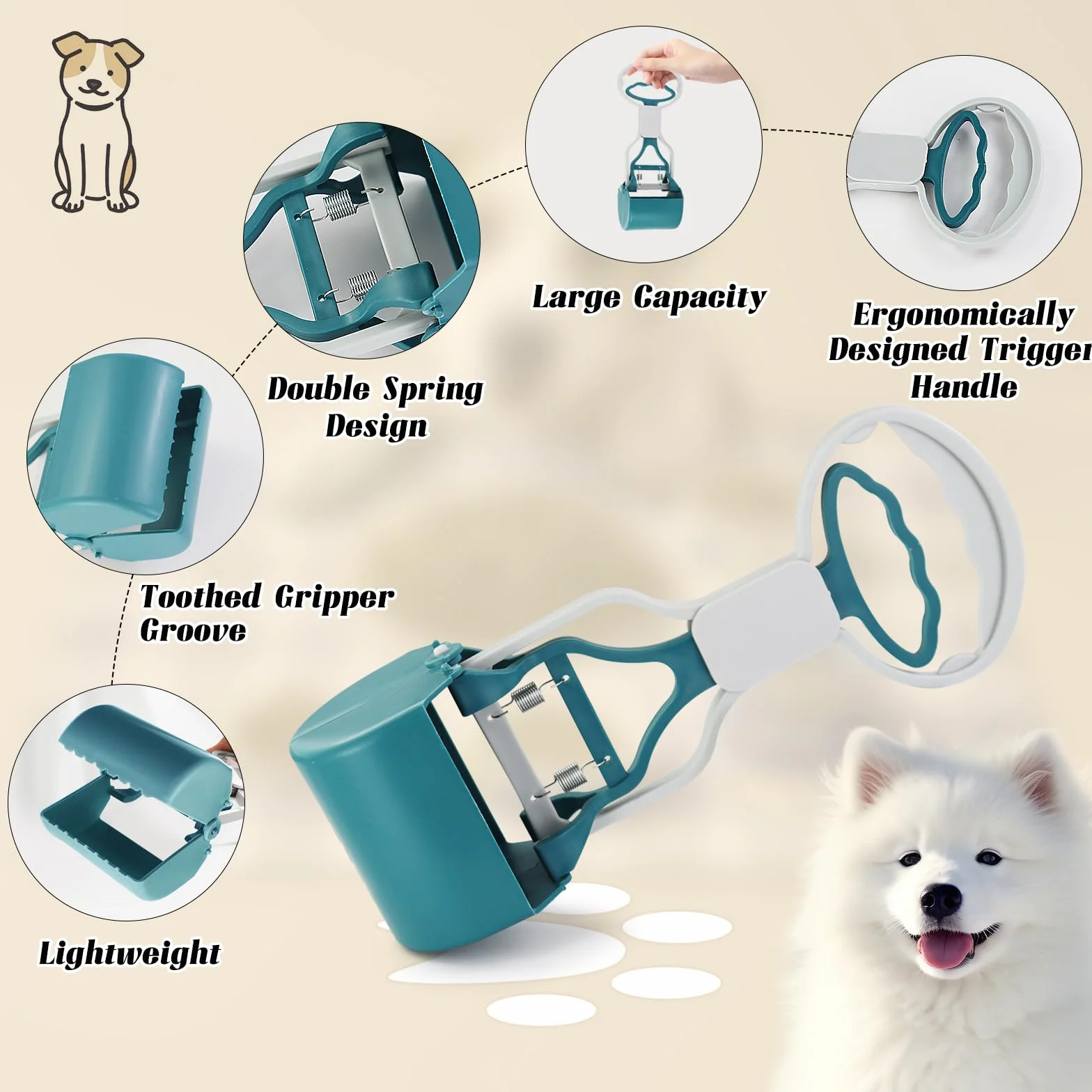 Andiker Cane Pooper Scooper con Manico Corto, 10.26 Alta Doppia Molla Pet Pooper Scooper con 1 Rotolo di Cane Poop Bag e un Dispenser facile da usare Cane Poop Scooper (Verde)