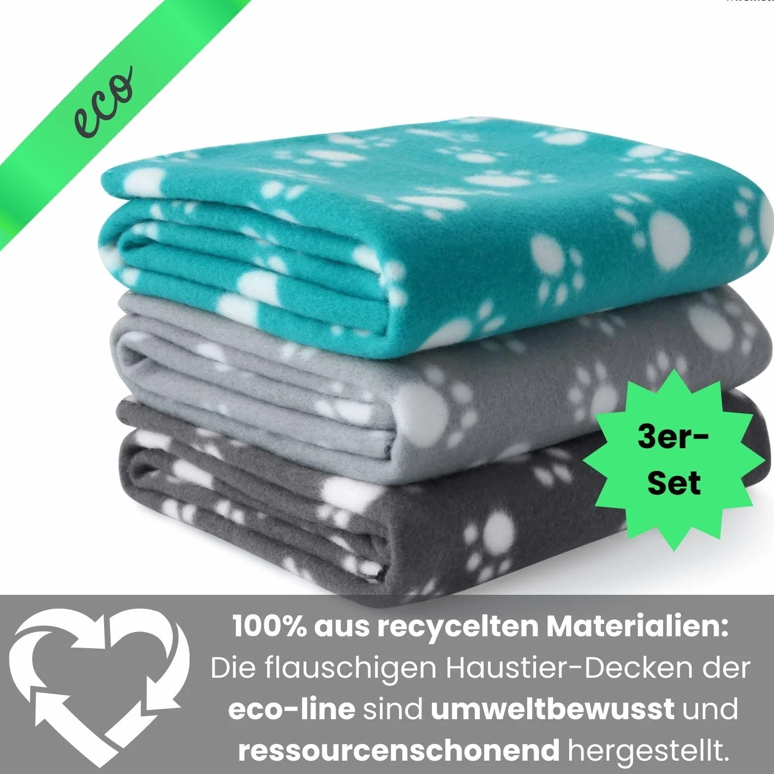 wometo Eco - Set di 3 coperte per cani, in materiale riciclato al 100% + certificazione Oeko-TEX, 3 pezzi, 70 x 100 cm, grigio scuro e turchese