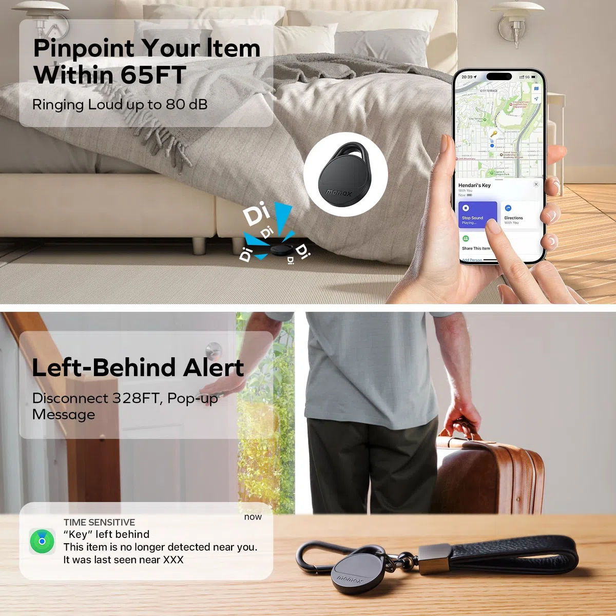 MOMAX Smart Air Tracker, Luggage Tracker, Smart Tag per chiavi, zaini, borse e animali domestici, funziona con Apple Find My (solo iOS 18+), con copertura di ricerca globale, Set di 4