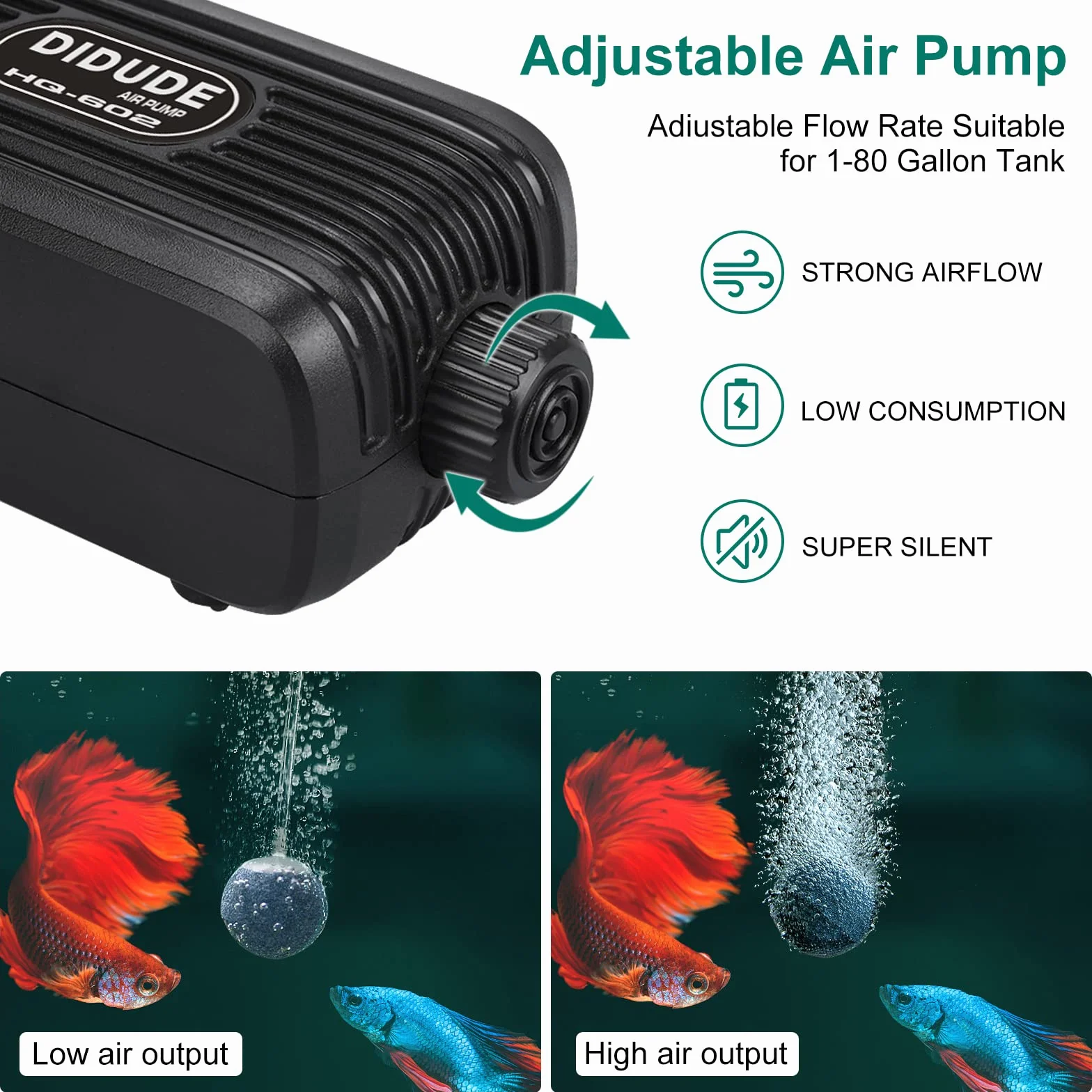 DIDUDE Ossigenatore per Acquario,20-40dB Areatore Acquario Ultra-Silenziosa,Acquari Potente a Doppia Uscita kit Pompa di Ossigeno con 2 Pietre a Bolle e 2 Valvole di Ritegno per Acquario da 10-300L