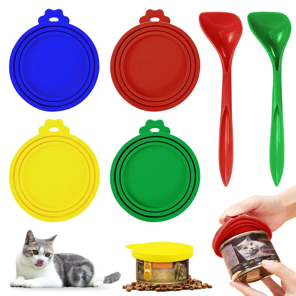 4 Pezzi Coperchio per Lattina di Cibo, Coperture per Lattine in Silicone per Animali 3 in 1 Tappi per Lattine con 2 Cucchiai