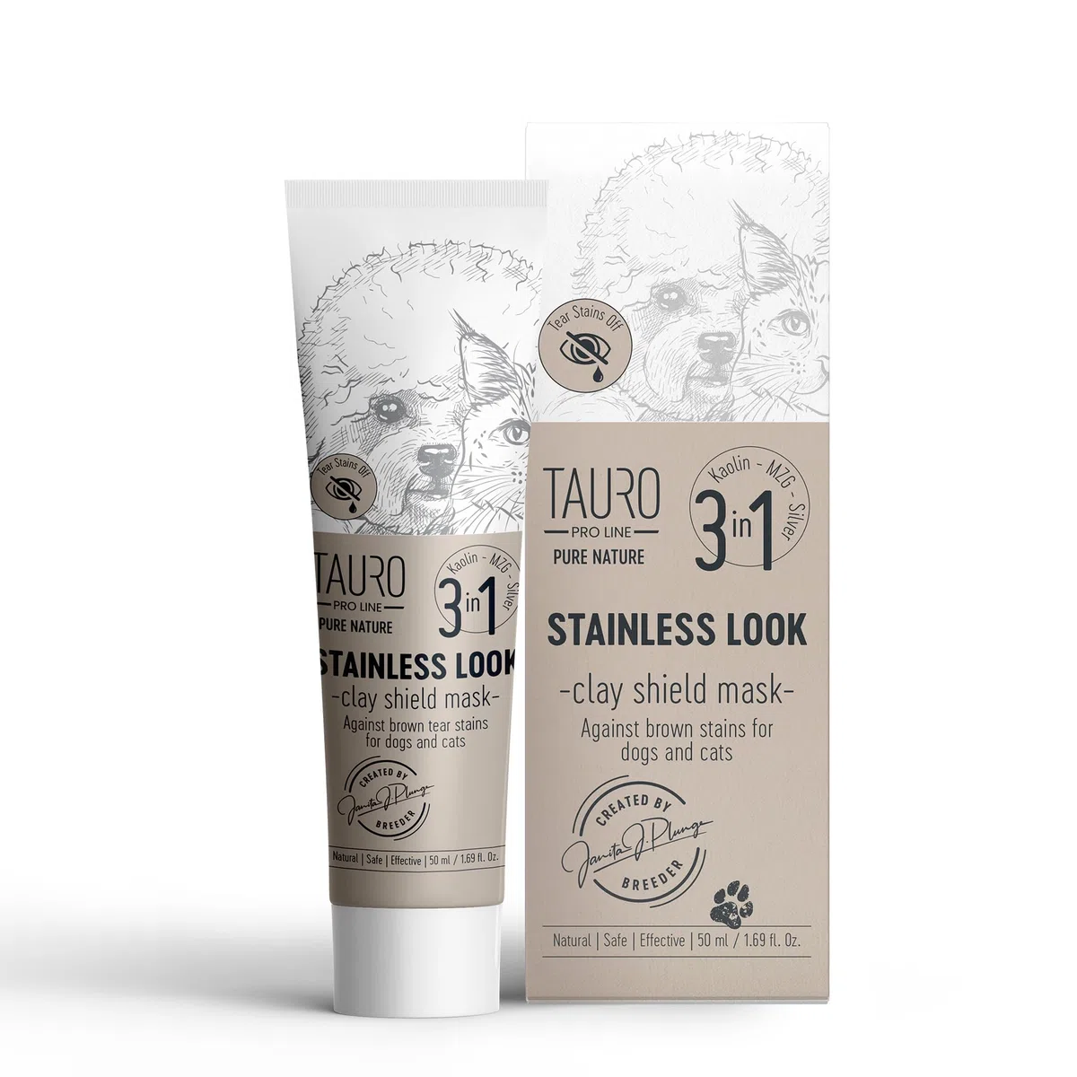Maschera in argilla naturale per animali domestici I Pure Nature effetto acciaio 3in1, prodotto per prevenire le macchie di lacrime sul cappotto per cani, 50 ml