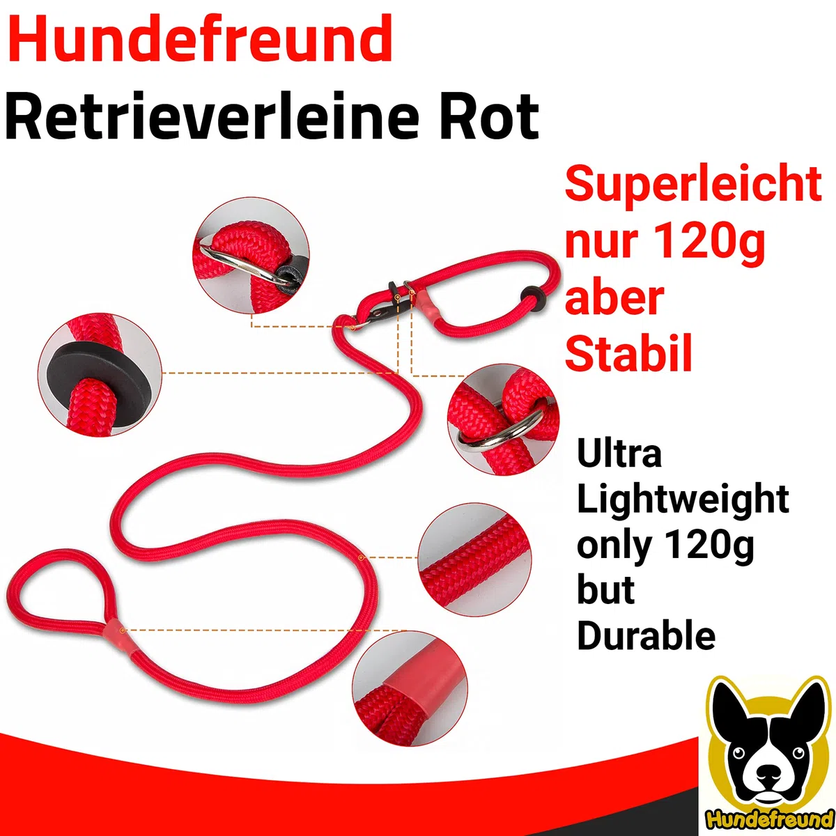Guinzaglio Retriever | Guinzaglio e collare in un unico prodotto | 200 cm di guinzaglio e collare due in uno | Guinzaglio-collare rosso con anello per evitare costrizioni al collo di Hundefreund