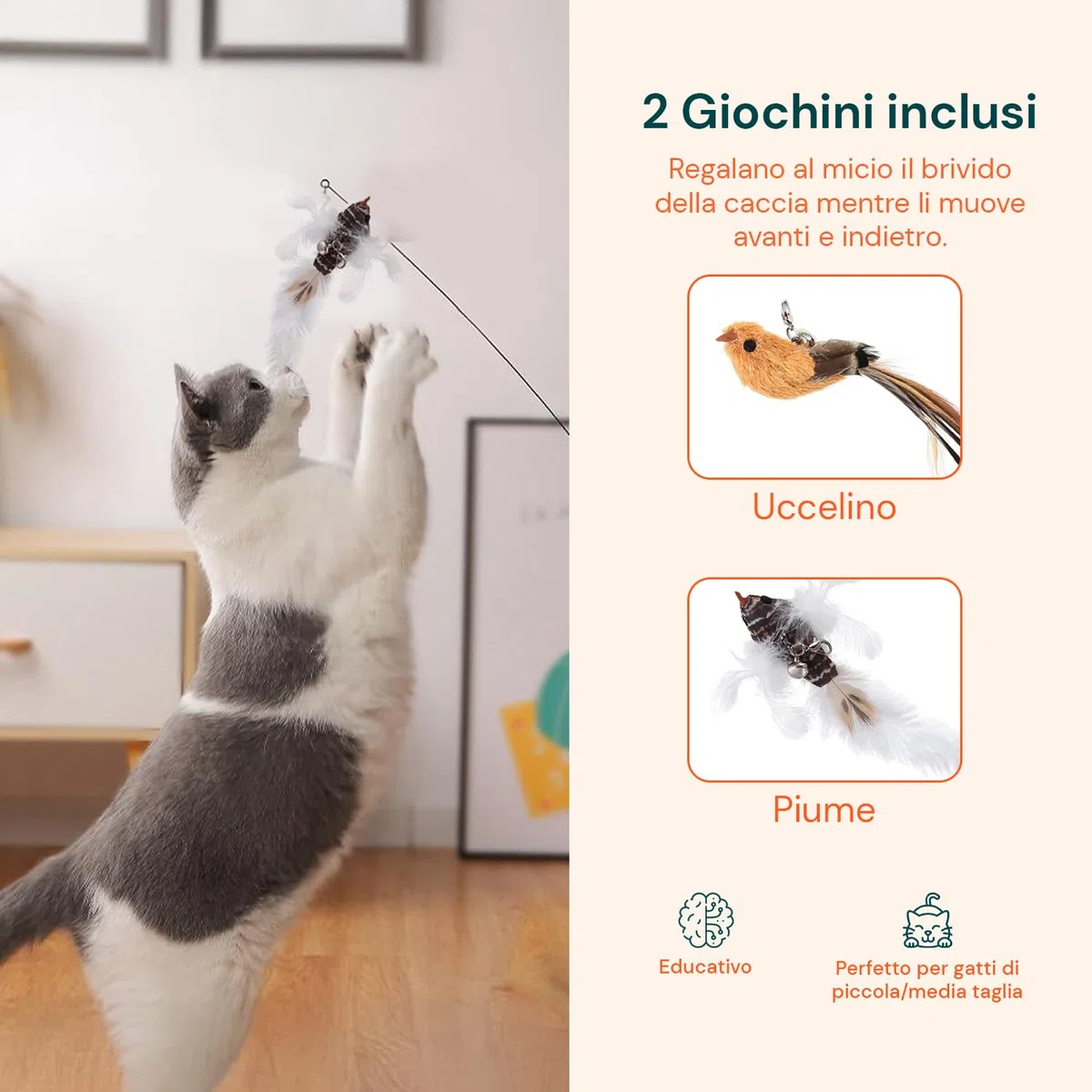Avilia - Giochi per Gatti con Base Antiscivolo e Asta Flessibile, Gioco Interattivo con Piume e Uccellino, Stimola Istinto di Caccia, Ideale per Uso Domestico, Struttura Resistente e Sicura