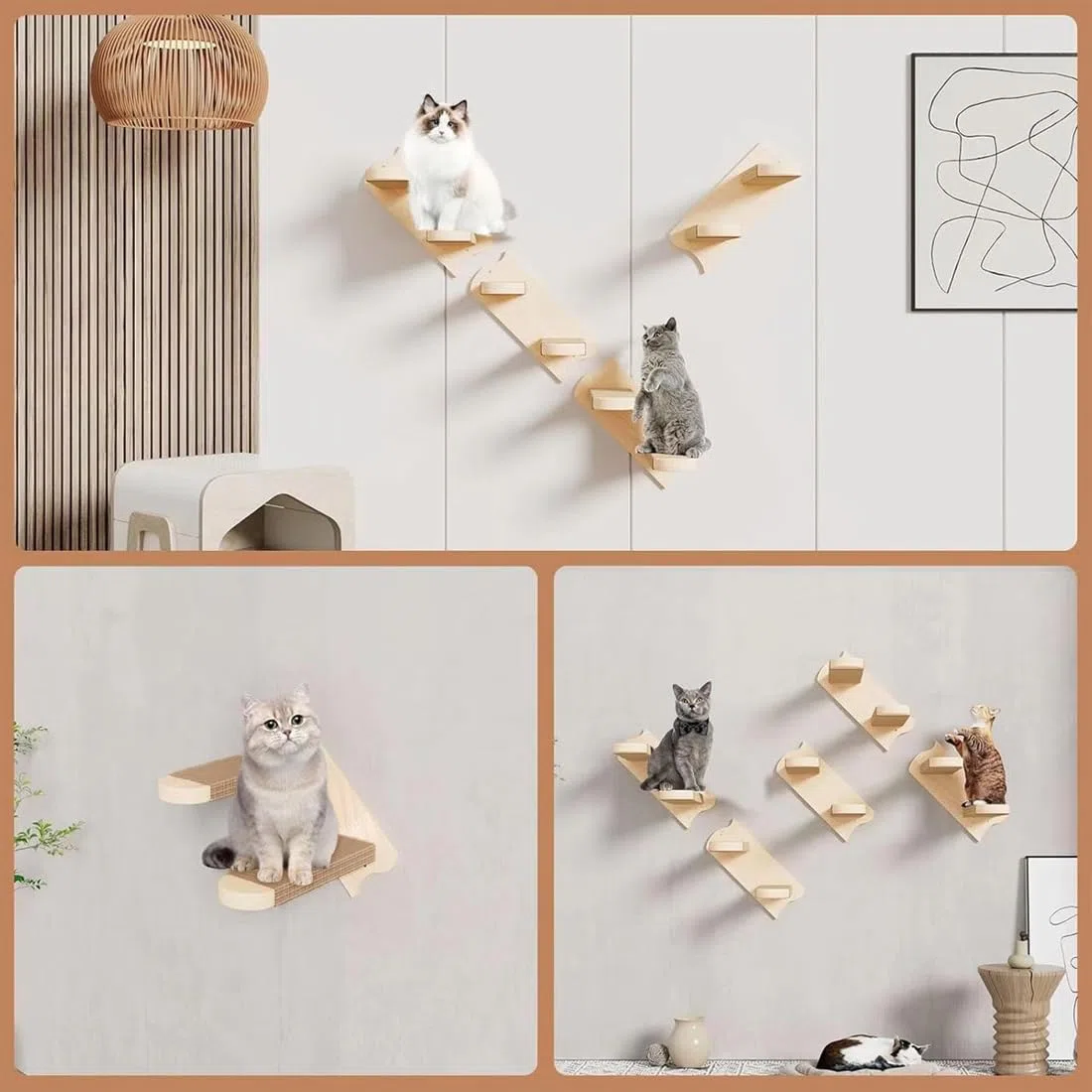 Scaletta per Gatti, Mensole Montata a Parete per Gatto, Scala per Gatti Mobili 2 Passi in Legno Coperto di Corda di Juta, Scaffale per Arrampicata
