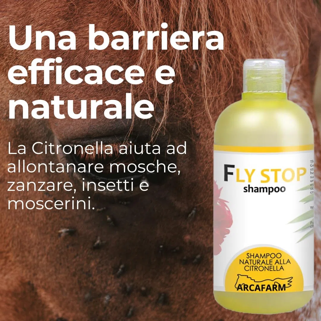Shampoo alla Citronella per Cavalli 500 ml Fly Stop, prodotto Repellente naturale contro Insetti Mosche Zanzare Tafani, shampo per la Pulizia di Sporco ostinato di manto coda criniera - Made in Italy