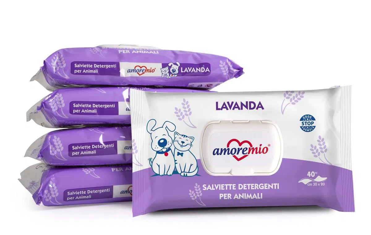 Amore Mio | 200 Salviette alla Lavanda Extra Large, Igienizzanti e Purificanti, per Il Manto dei Cani, Gatti e Animali Domestici, Disinfettanti, 30x20 cm - 5 Confezioni da 40 Salviettine