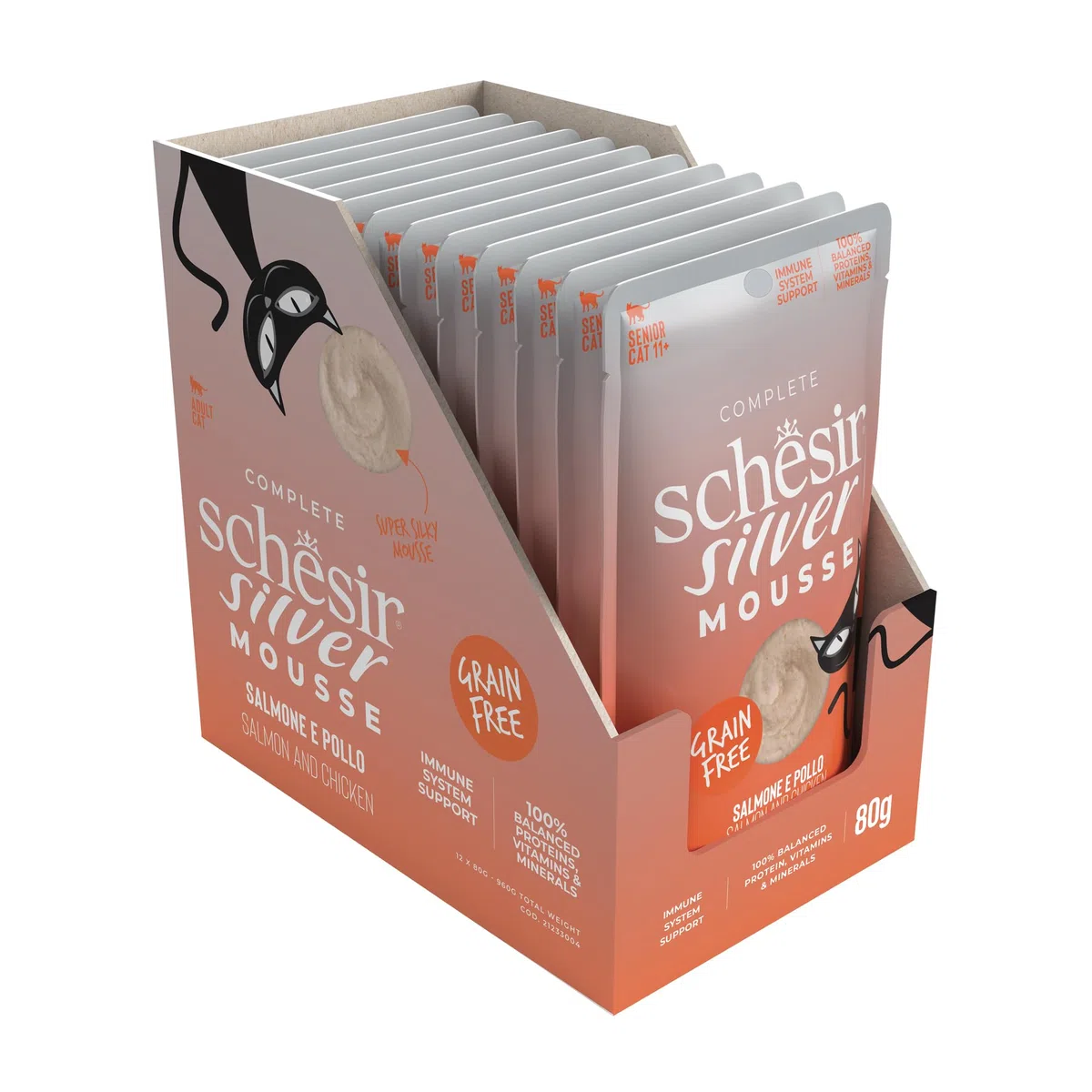 Schesir Silver, Salmone in Mousse, Alimento Umido Completo per Gatti Anziani, Grain Free, Supporta il Sistema Immunitario, Ricco di Idratazione, 12 x 80 g