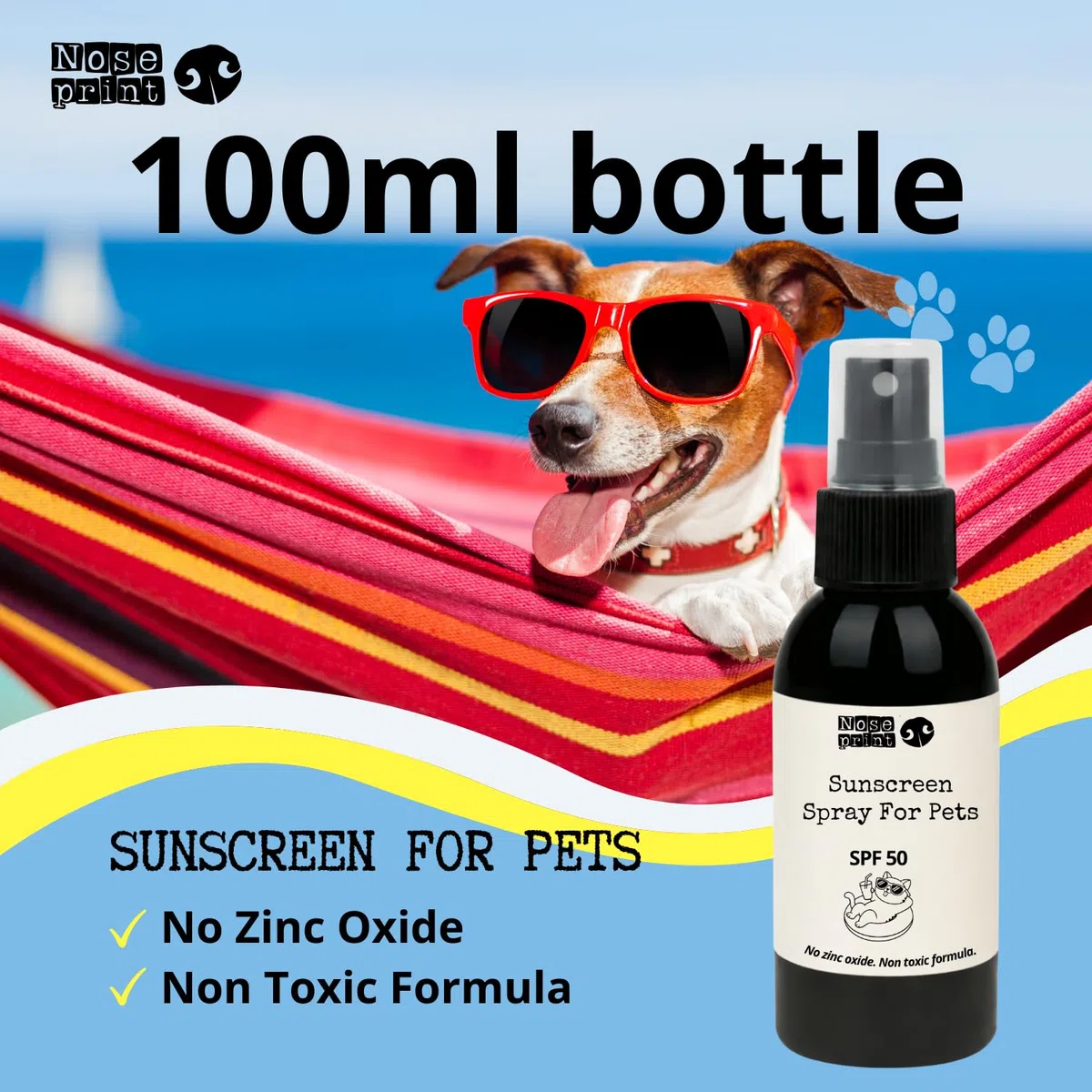 Spray Solare per Cani e Gatti SPF 50, 100ml, Resistente all'Acqua, Protezione UVA/UVB, Ipoallergenico, Sicuro se Leccato