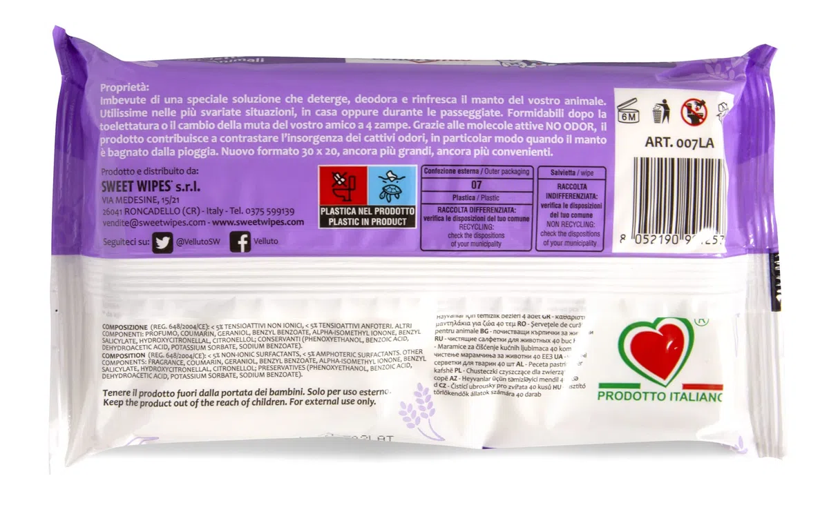 Amore Mio | 200 Salviette alla Lavanda Extra Large, Igienizzanti e Purificanti, per Il Manto dei Cani, Gatti e Animali Domestici, Disinfettanti, 30x20 cm - 5 Confezioni da 40 Salviettine