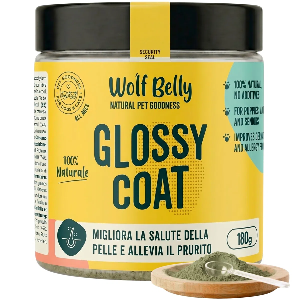 Wolf Belly - Probiotici Dermatite Cane 100% Naturale (180 g) con Lievito di Birra, Spirulina e Alga Ascophyllum | Meno Prurito e Caduta | Pelo Forte e Brillante | Polvere - Prodotto in Europa