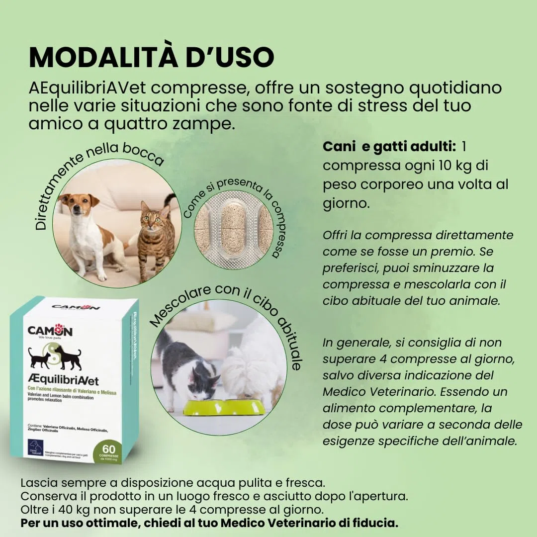 CAMON | AEquilibriAVet Alimento Complementare per Cani e Gatti con Melissa, Valeriana, Zenzero e Triptofano, Azione Calmante e Rilassante, 60 Compresse da 1gr