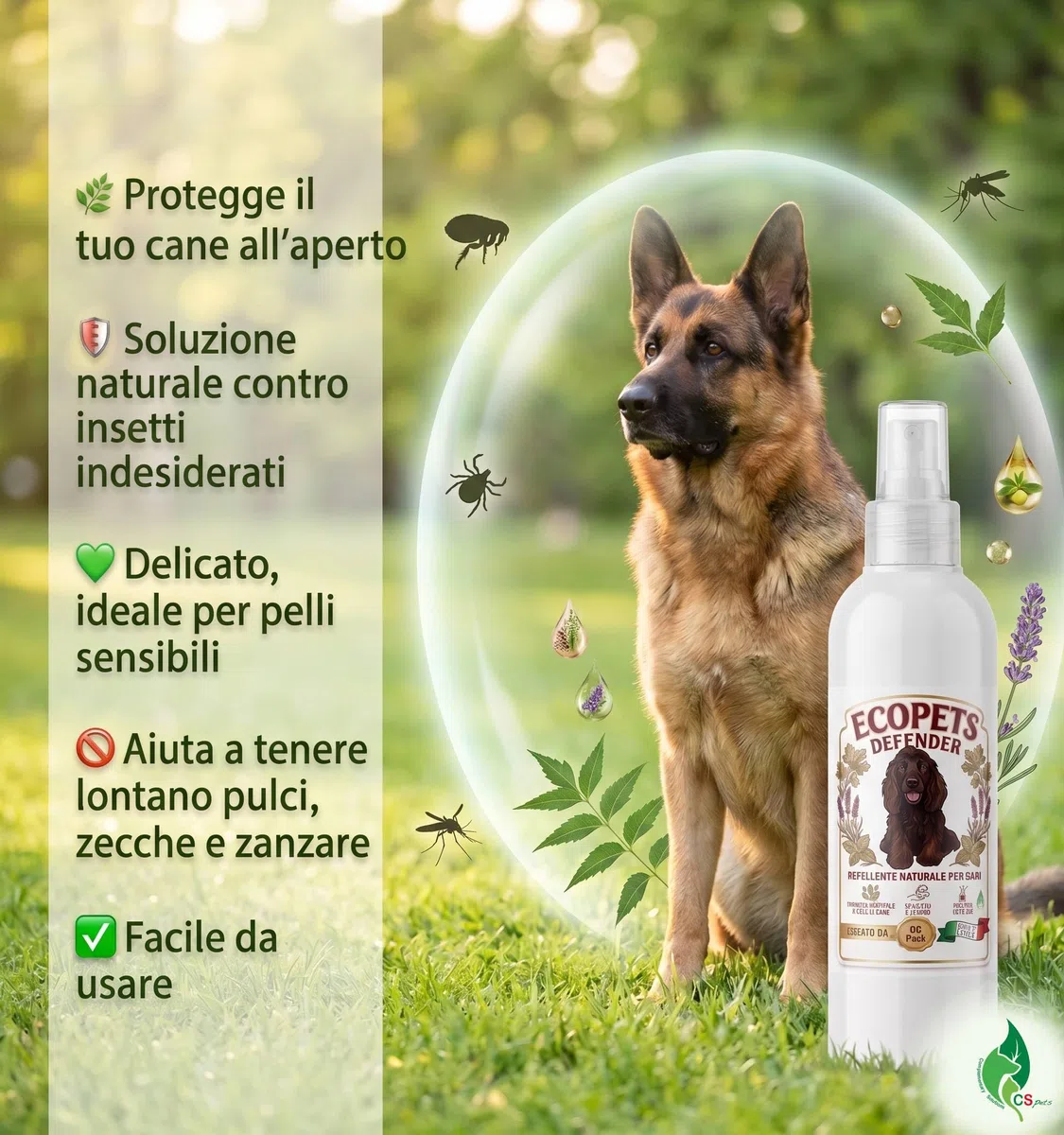 Ecopets Repellente Antiparassitario Naturale per Cani con Olio di Neem Protezione contro Pulci, Zecche Zanzare e Mosche Delicato per Uso Quotidiano con Oli Essenziali e Estratti Botanici