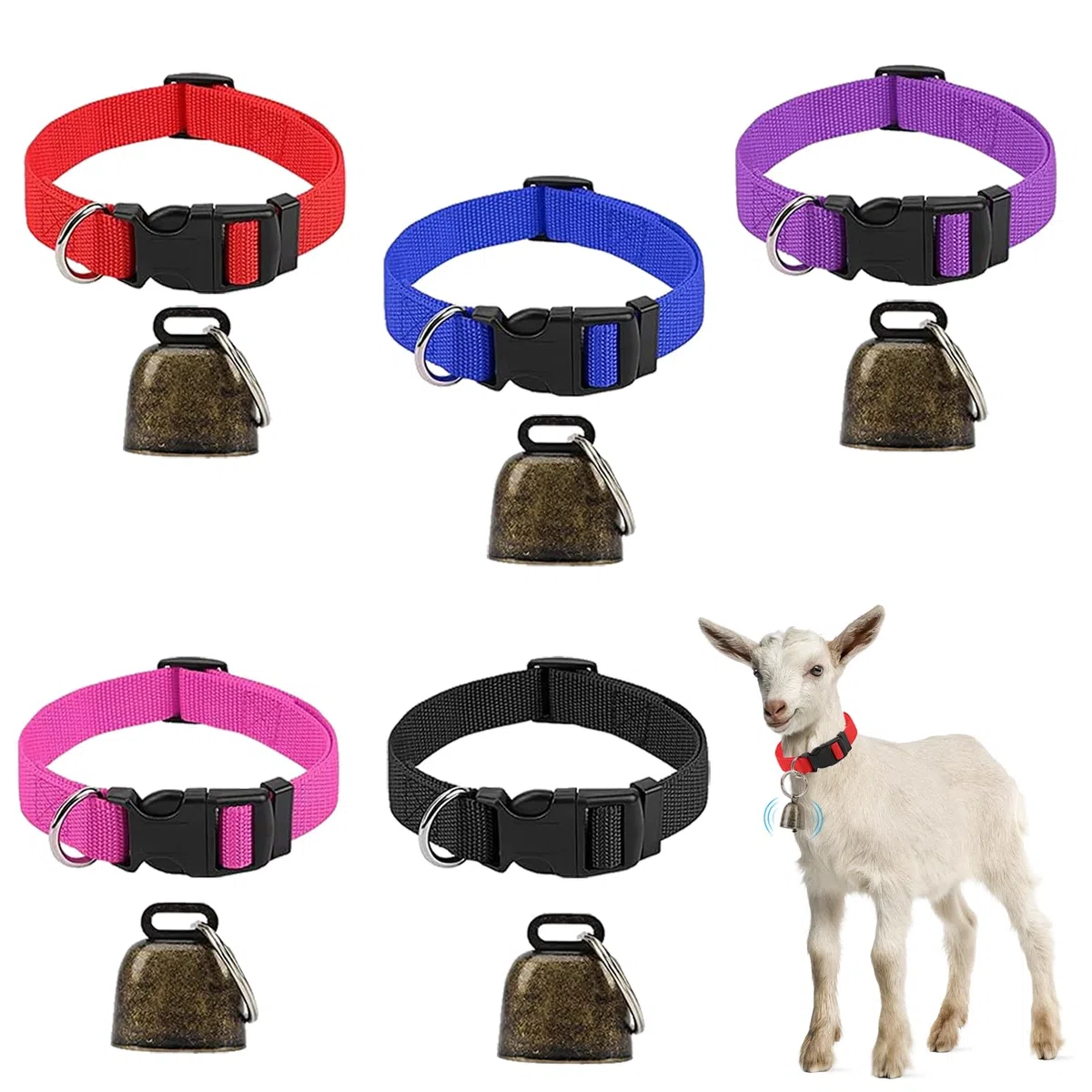 Funmo Collari per Animali da Fattoria: 5 Collari di Capra con Campana, Collare di Pecora con Campana, Regolabile in Nylon, Anti-Perdita