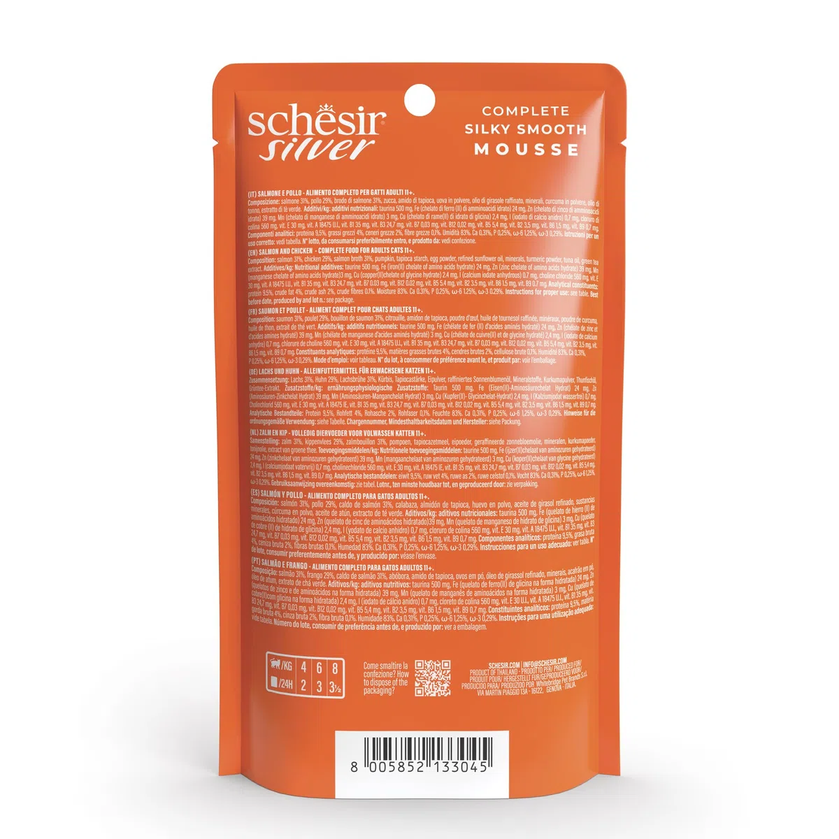 Schesir Silver, Salmone in Mousse, Alimento Umido Completo per Gatti Anziani, Grain Free, Supporta il Sistema Immunitario, Ricco di Idratazione, 12 x 80 g