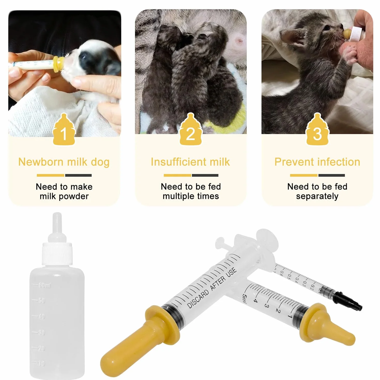 Biberon Gattini, Kit per l'alimentazione della siringa per Cuccioli, Gattini, scoiattoli e Altri Animali Appena Nati, Confezione da 18