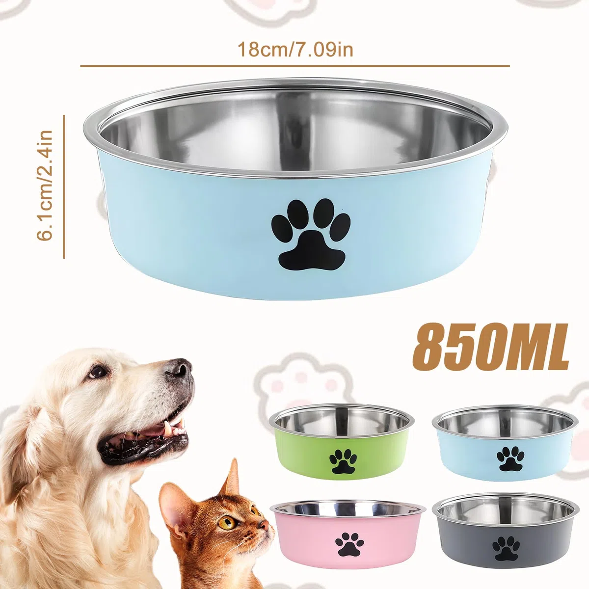 Ciotola per Cani in Acciaio Inox: 4 Ciotole Antiscivolo per Cani e Gatti in Diversi Colori con Fondo in Gomma Antiscivolo, 850ml Ciotola per Animali e Acqua