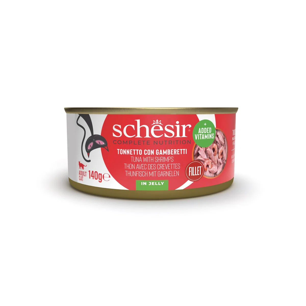 Schesir, Tonnetto con Gamberetti in Gelatina, Alimento Umido Completo per Gatti, in Lattina, con Vitamine Aggiunte, 100% filetti naturali, Cruelty-Free, 140g