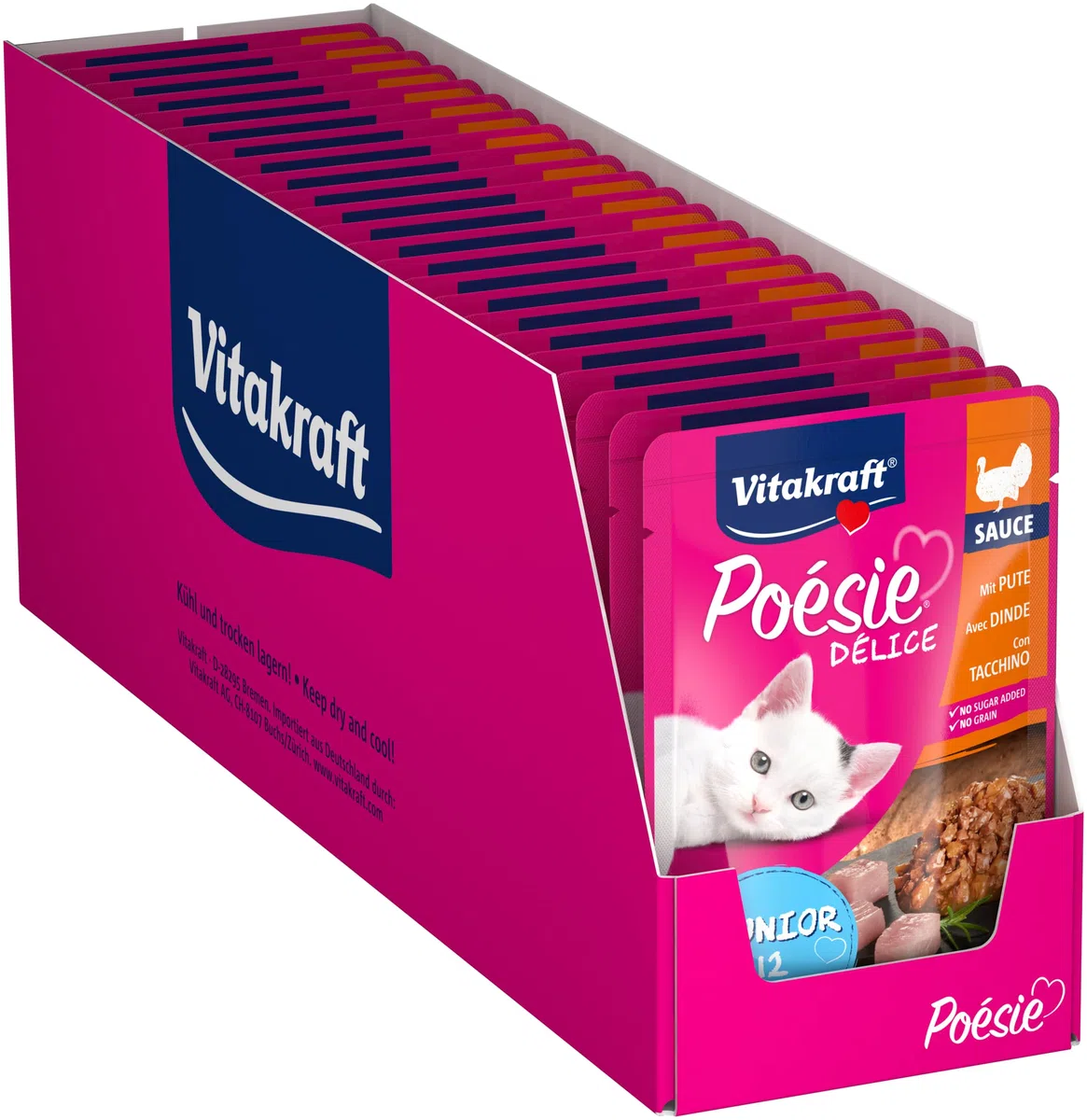 Vitakraft Poésie Délice, Junior, alimento umido gatto, alimento umido gatto in salsa, con tacchino, confezione scorta, per gatti giovani, senza l'aggiunta di zuccheri e cereali (23x 85g)