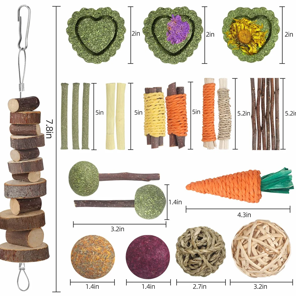 YIXUND Giocattoli di Coniglio Giocattoli di Porcellino d'India Giocattoli di Criceto Giocattoli di Coniglietto 18 Pezzi Bastoncini di Fieno di Timothy Naturale Bastoncini di Legno di Melo Giocattoli