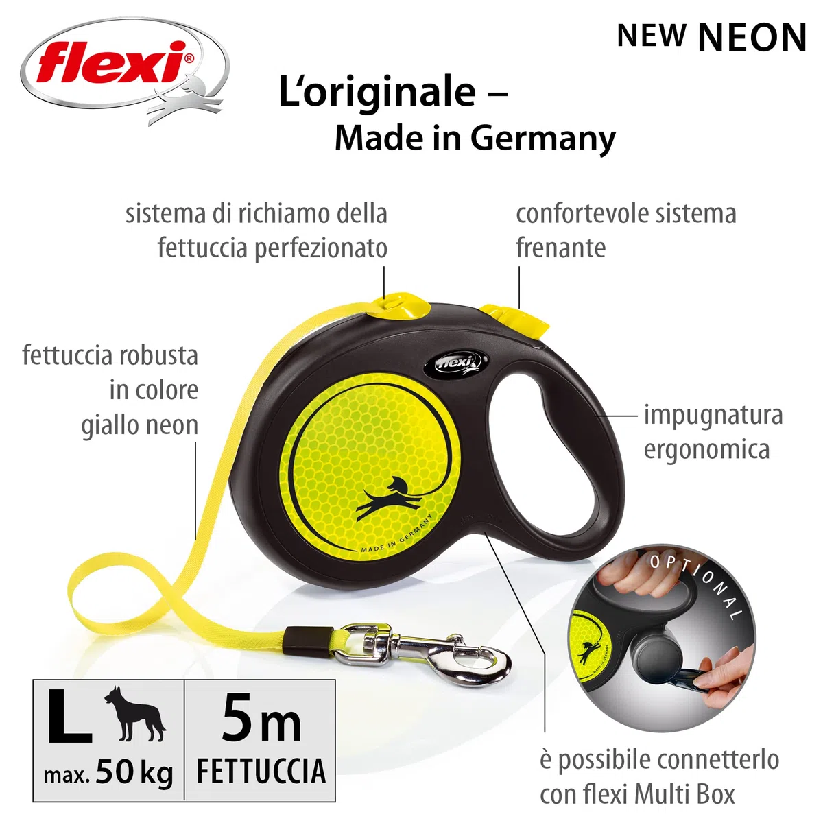 Croci Flexi New Neon Tape, Guinzaglio per cani allungabile riflettente, taglia L fino a 50 kg, lunghezza 5 Metri, Nero e giallo