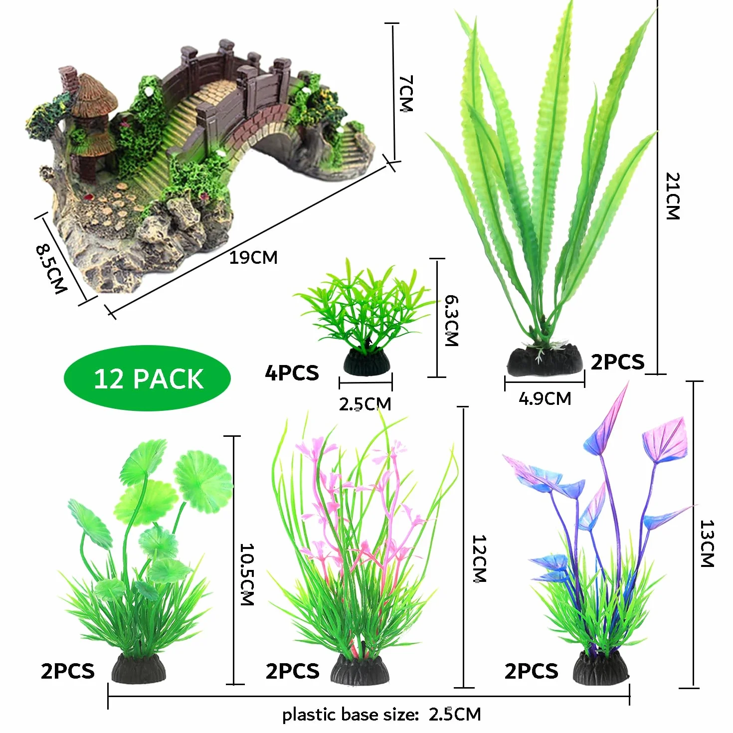 Kit 13 Pezzi Piante Artificiali per Acquario - Ornamenti Decorativi con Ponte in Poly Resina per Fish Tank