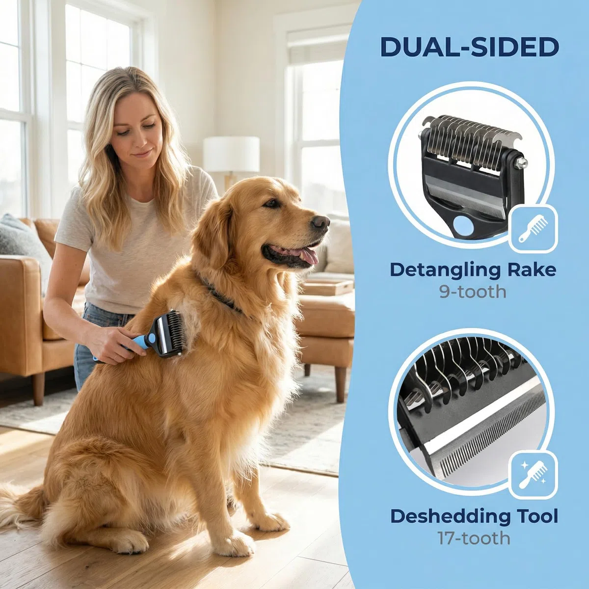 Cardatore per Cani Gatti, Spazzola per Cani Pelo Lungo, Slanatore pers Cani Con Denti 9+17, Spazzole Doppia Faccia Togli Peli Morto & i Nodi, Deshedding Animali, Stripping Pet Brush(Nero E Blu)