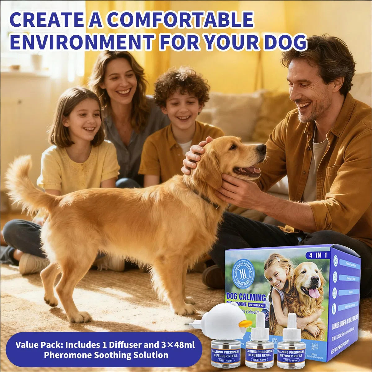 Feromoni per Cani Calmante Tranquillit Kit, Diffusore Calmante per Cani, 1 Calmante per Cani Diffusore + 3 Ricarica 48 ml, Relaxigen Pet Cane, Calmanti Cane Calm Antistress Irrequieti Stres