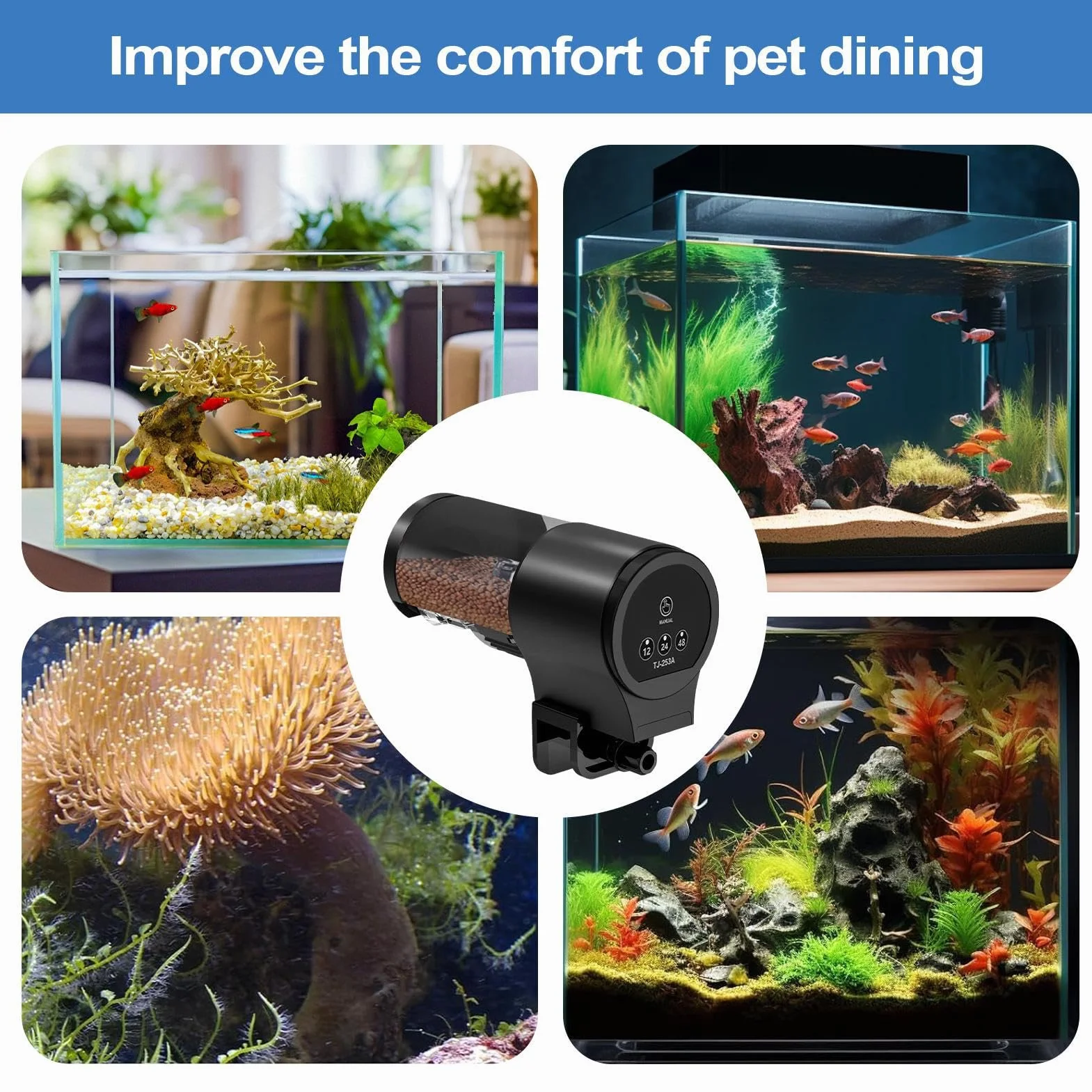 Distributore automatico di alimenti per pesci, distributore automatico di mangimi per pesci | Dispenser per alimenti domestici 100 ml con timer 12H 24H 48H per Guppy, Koi, Ciclidi, Tartaruga, B