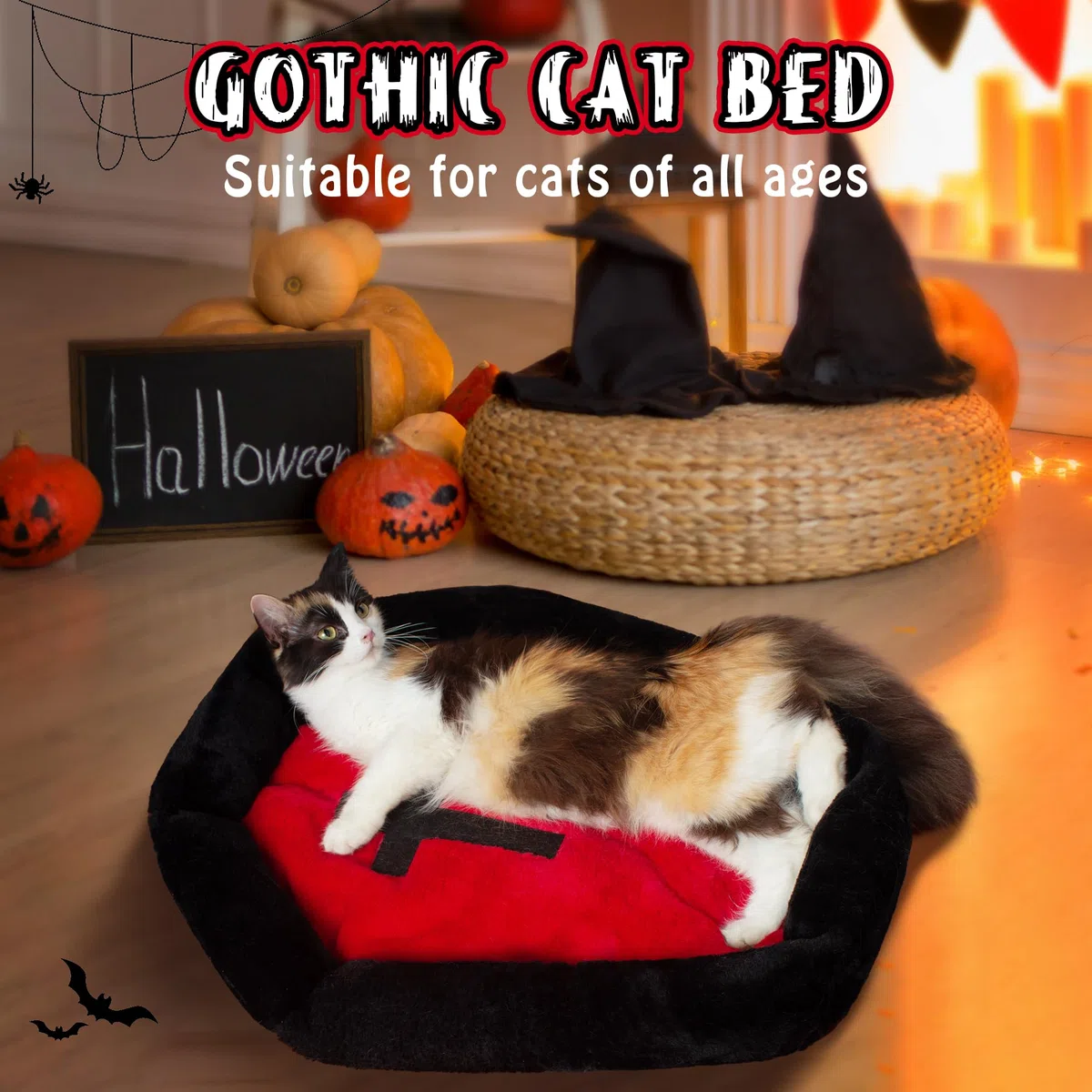 Fantasreen Gothic Cat Beds Fits up to 25 lbs, Washble Coffin Cat Bed, Goth Pet Bed, Halloween House 24 * 16.9 Inch, Red & Black Small
