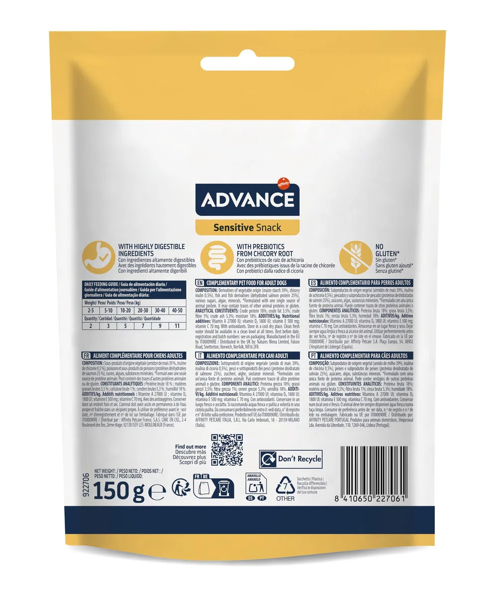 ADVANCE Snacks - Sensitive Snack per Cani con Sensibilitè Digestive e Sintomi Cutanei - Confezione 7 x 150gr - 1050gr