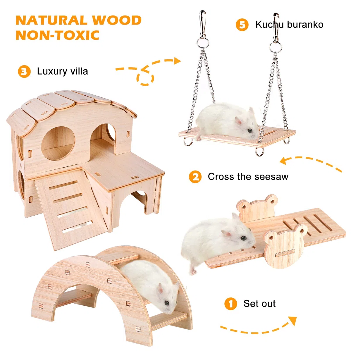 Giocattoli Per Criceti in Legno, 4 Pezzi Giocattoli Da Masticare Per Criceti, Accessori Criceto in Legno Per Criceti, Coniglietti, Gerbilli, Porcellini D'india, Cincillà, Gabbia Per Criceti Fai-da-te