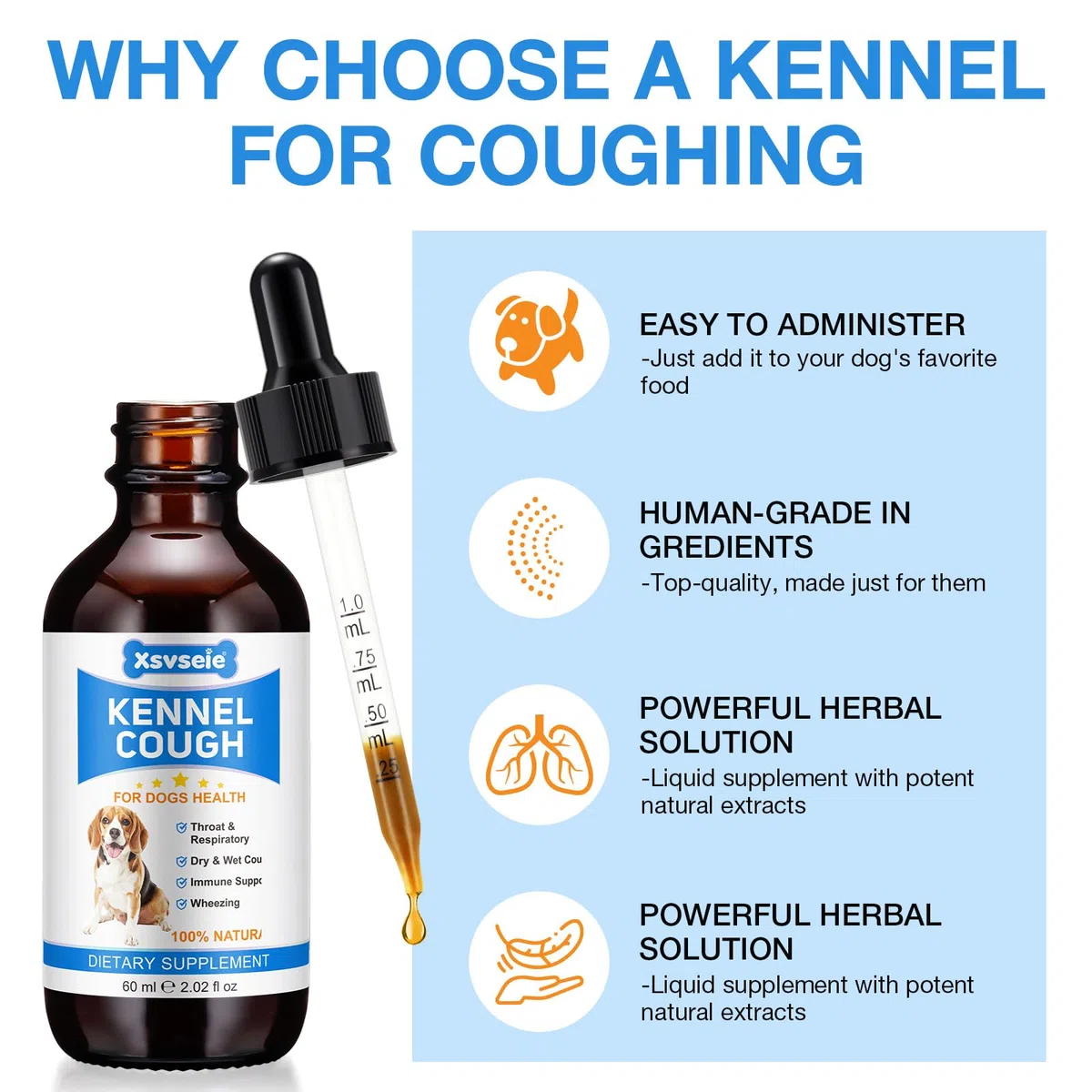 Kennel Cough for Dogs, 2 gocce liquide Remedy, Kennel Cough Treatment for Dogs, trattamento tosse per cani per tutte le razze e dimensioni