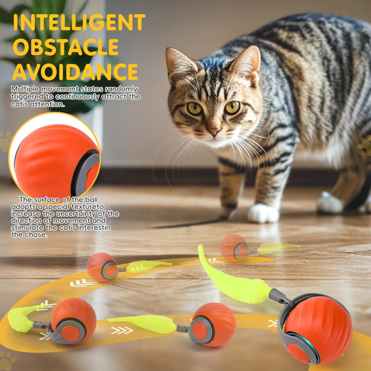 Palla Interattiva per Gatti, Palla Elettrica per Gatti, Auto-Attiva, 2 Modalità di Lavoro, Coda Sostituibile, Gioco Interattivo Gatto (Arancia)
